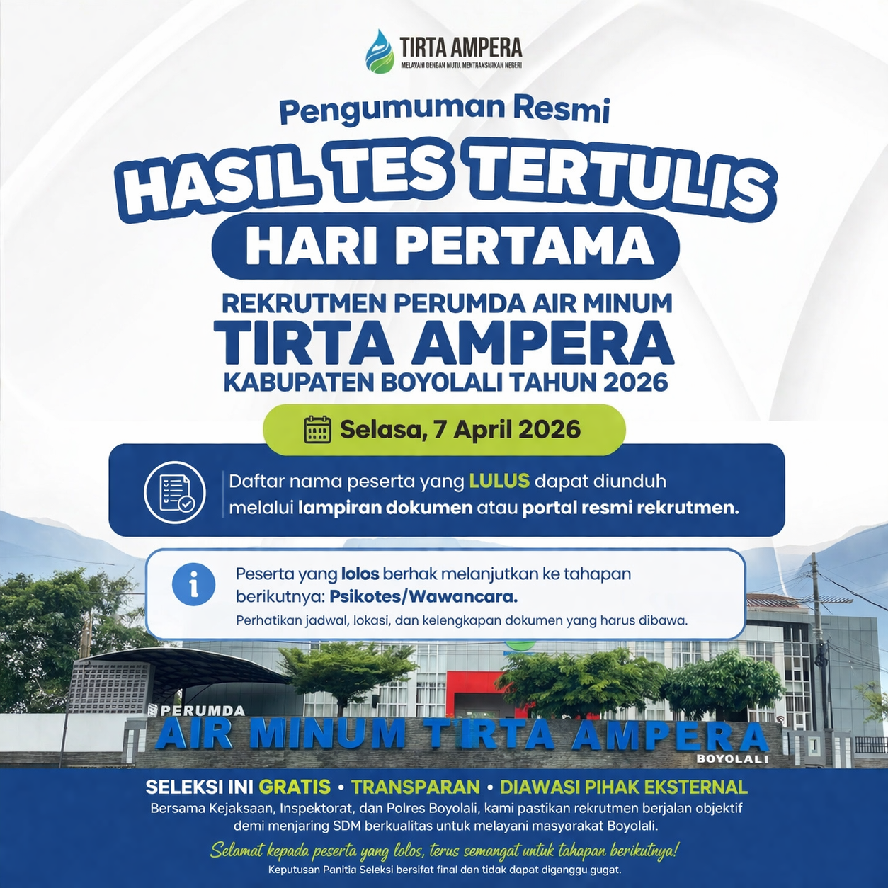 Pengumuman Hasil Tes Tertulis Hari Pertama Rekrutmen PERUMDA Tirta Ampera Boyolali Tahun 2026